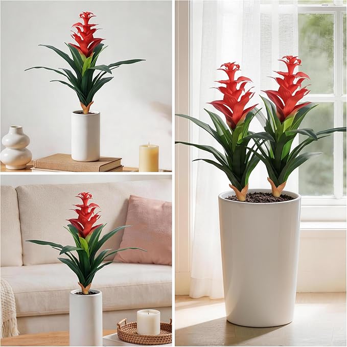 Ivydale Fake Flowers Plants for Outdoors, 2 Pcs 16.93" Bromeliad Artificial Flowers Uv Resistant Realistic Faux Flowers for Outdoor Planters Outside Porch Patio Yard Garden Indoor Decoration(Red)