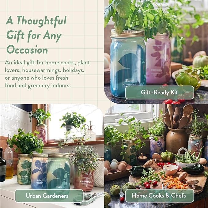 Modern Sprout Garden Jar & Herb Stripper Bundle Self-Watering Herb Grow Kit w/Recyclable Mason Jar + 3-in-1 Prep Peeler & Grater Plate - Indoor Gardening - Gift for Mother's Day (Rosemary & Parsley)