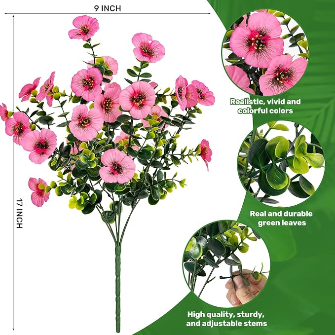 17 Inch Artificial Faux Pansy Flowers for Outdoor,Fake Pansies Flowers with Eucalyptus Leaves Fake Plants Greenery Boxwood Porch Patio Decor 6 Bundles(Pink,Dark Rose,Rose Red)