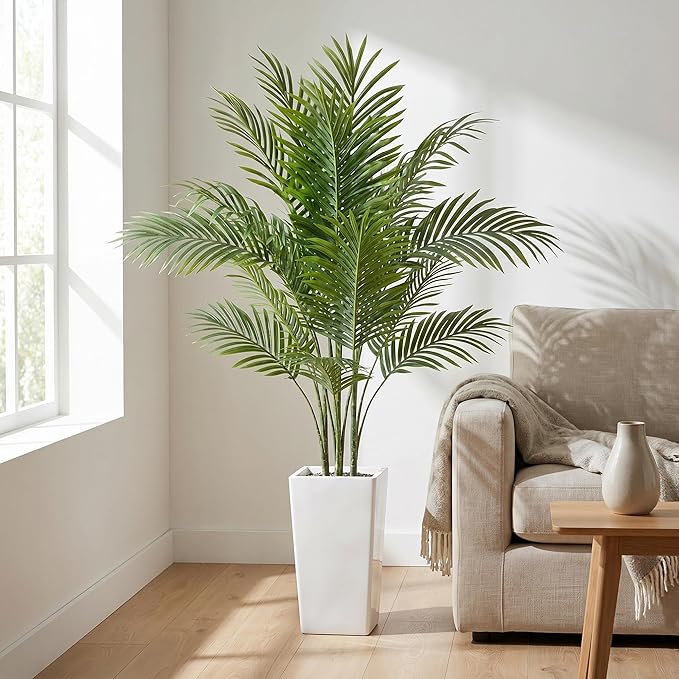 Garvee 4.8FT Artificial Palm Tree, Tall Faux Tropical Areca Plants with White Tall Planter, Fake Potted Tree with Lifelike Leaves for Indoor Living Room Bedroom Home Office Decor