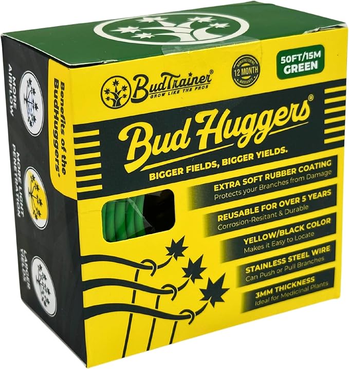 BudHuggers (Green) for Optimal Plant Training | 50ft (15M) | 3mm Thick Garden Wire Ties | Flexible & Durable | Rubber Plant Ties to Yield Bigger Buds, Stronger Branches & Larger Canopies