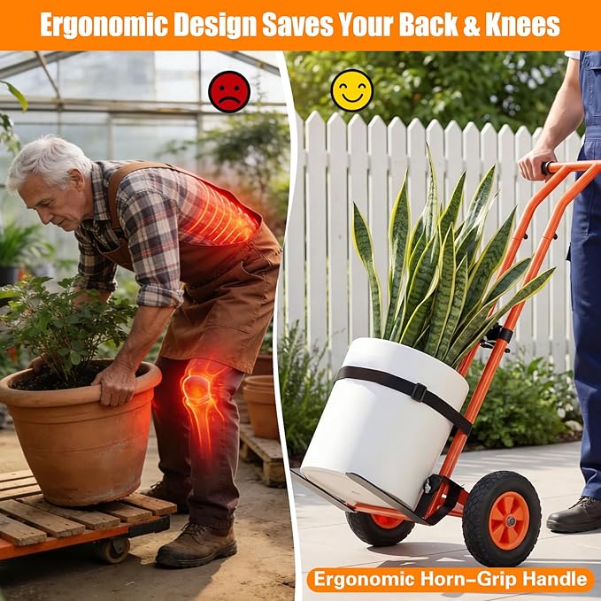 Plant Caddy with Wheels, Heavy Duty Plant Dolly Cart with Non-Slip Silicone Grids Adjustable Grabbing Arm, Suction Cups, Indoor Outdoor Plant Mover for Heavy Pots, Supports Plants Up to 175 lbs Orange