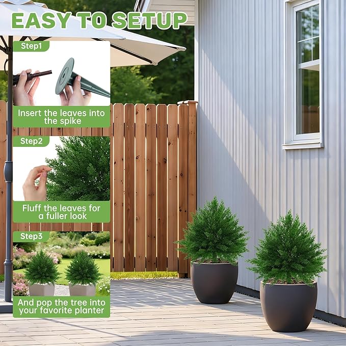 Grooy Artificial CedarTopiary Bushes for Outdoors with Spike, Set of 2 Cypress Topiary Trees with UV Resistant, Outdoors Fake Shrubs Faux Plants for Front Porch Indoor Outdoor Decor