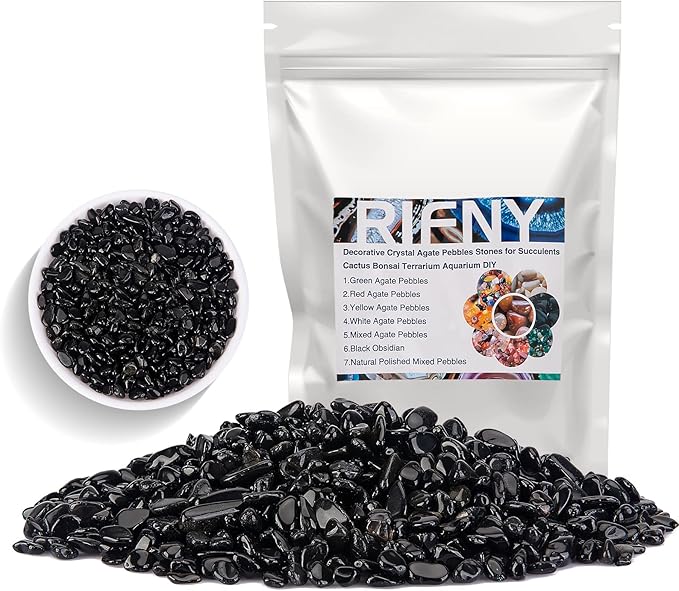 RIFNY Decorative Polished Rocks, 0.3" Gravel Rocks Crushed Crystal for Plant Flower Pots Succulents Cactus Bamboo Plant Vase Filler Aquarium Fish Tank Decorations (1.5 LB, Black Obsidian)