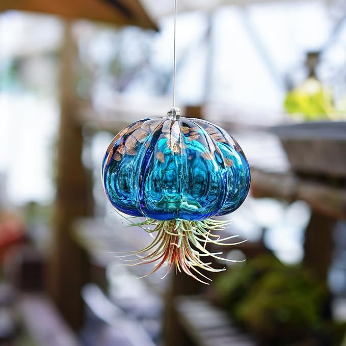 H&D HYALINE & DORA Blown Glass Jellyfish Hanging Air Planter, Cute Blue Jellyfish Air Plant Holder Gifts for Women Room Garden Wedding Party Decor (No Plants)