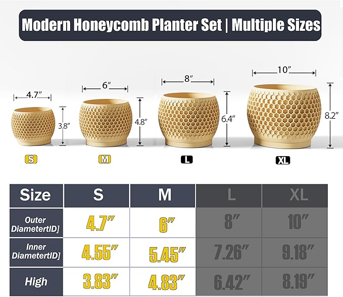 Plant Pots, Modern 3D Printed Honeycomb Planters for Indoor Plants, 4.7/6 Inch Wood Decorative Flower Pot for Office Desktop, Bookshelf & Home Decor, Lightweight & Durable