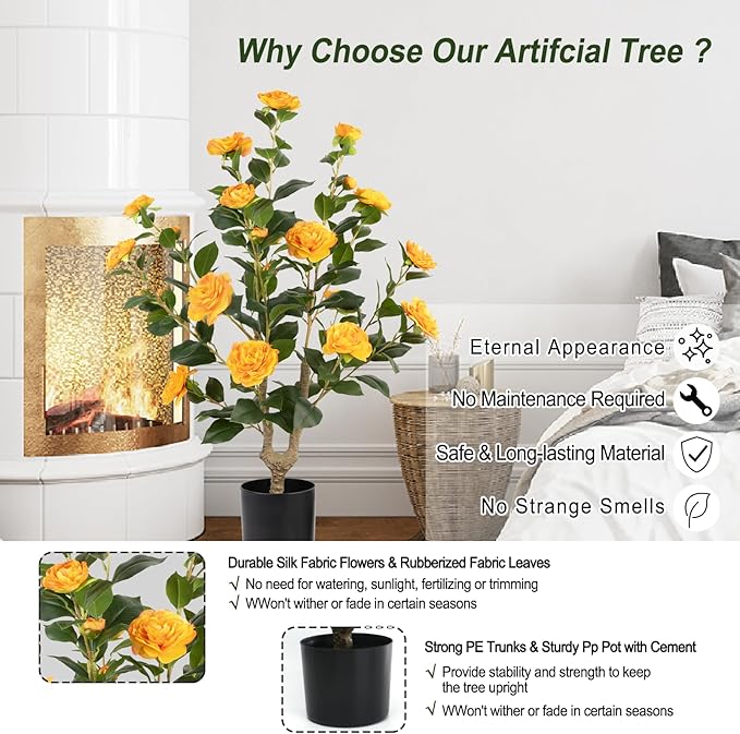 Artificial Camellia Tree 2 Pack - Realistic Camellia Plants in Pot with Orange Flowers, Lifelike Faux Greenery for Living Room, Patio, or Wedding, Orange