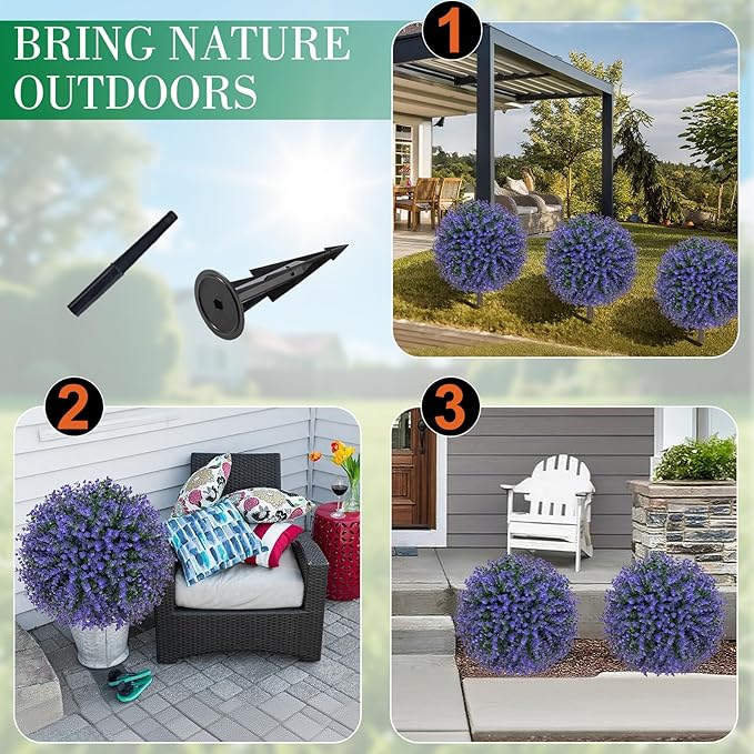 AOKIIE Set of 2 Artificial Purple Boxwood Topiary Ball Tree for Outdoor with Ground Spike, 22" UV Resistant Faux Greenery Shrubs, Fake Plants for Garden Yard Porch Patio(Purple)