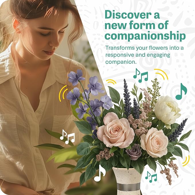Animated Vase with Bluetooth Speaker - 8.5” Tall |Interactive Smart Flower Vase | Responds to Voice, Touch & Motion | Records Custom Messages | 2 inch Opening, Sequoia