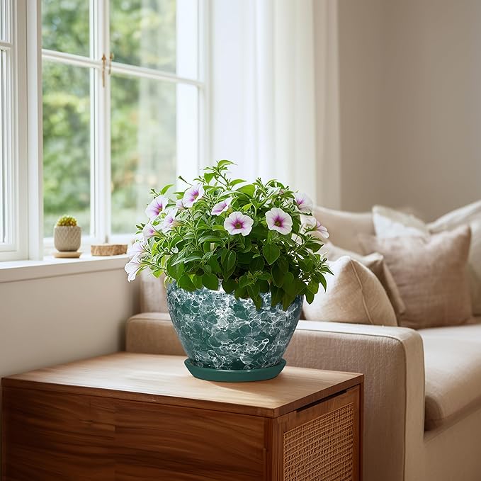 8 Inch Planter Indoor - Ceramic Plant Pots for Indoor Outdoor Plants, Round Flower Pots with Drainage Hole and Saucer, Modern Planter, Apartment Decor, Gifts for Plant Lovers, Bubble Green
