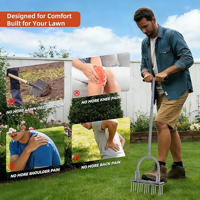 GAINO Manual Lawn Aerator Tool with 15 Spikes, 32"-35" Adjustable T-Handle Aerator for Lawn, Automatic Dirt Ejection Design, Heavy Duty Yard Grass Aerator for Soil Compaction,Gray