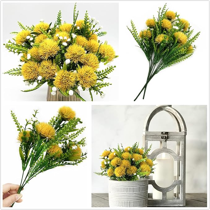 Artificial Dandelion Flowers Fake Plants Plastic Greenery Simulated Faux Flower for Outdoor Indoor Home Decor Garden Bathroom Office Party Wedding Bouquet Vase Planter Filler Decoration Yellow 4 Pack