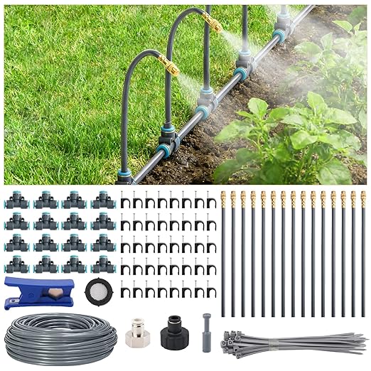 49FT 1/4" Quick-Connect Drip Irrigation System Kit, Automatic Garden Watering System with 15 Pcs Adjustable Spray Nozzles for Garden, Greenhouse, Yard, Lawn