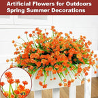 12 Bundles Artificial Flowers for Outdoors Spring Summer Decorations, UV Resistant Fake Mums Realistic Fake Plants Faux Plastic Flowers for Outdoor Indoor Home Gardens Porch Fall Decor(Orange Red)