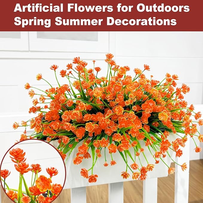 12 Bundles Artificial Flowers for Outdoors Spring Summer Decorations, UV Resistant Fake Mums Realistic Fake Plants Faux Plastic Flowers for Outdoor Indoor Home Gardens Porch Fall Decor(Orange Red)
