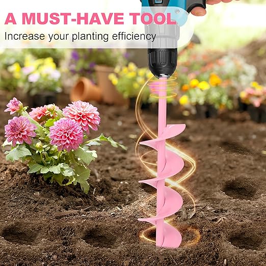 Auger Drill Bit for Planting 2 x 14.5 Inch, Garden Spiral Bit for 3/8" Hex Drive, Earth Post Hole Digger Bulb Planter Drill Auger for Planting Bedding Rapid Digging, Pretty Pink