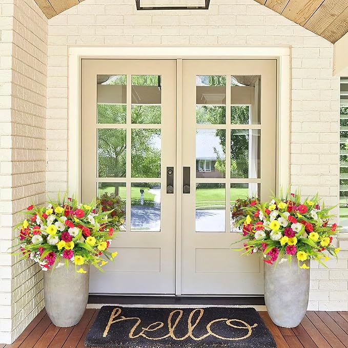 Artificial Flowers for Outdoors 12 Bundles Artificial Petunias Fake Flowers UV Resistant Shrubs Plants with Fern for Indoor Outside Hanging Planters Home Garden Spring Summer Decorations