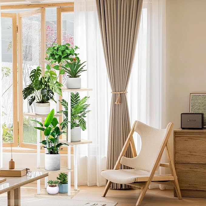 6 Tier Plant Stand Indoor, Thickened Metal Wood Corner Plant Shelf Stands for Multiple Plants, Indoor Tall Plants Stand Tiered Flower Holder for Living Room Patio Garden Balcony(White+Oak)