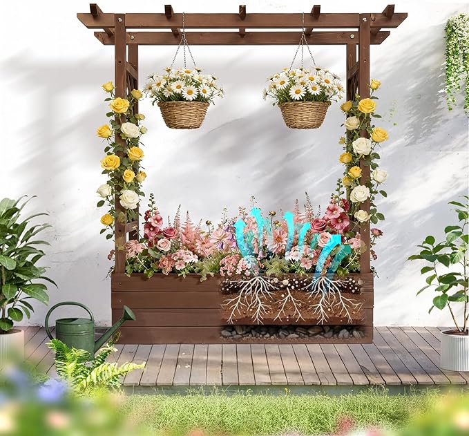 VINGLI 45 in Raised Garden Bed with Trellis & Hanging Roof, Wooden Elevated Planter Box with Drainage Holes for Outdoor Climbing Plants Vegetables Flowers, Patio Yard Balcony (Carbonized Wood, Medium)