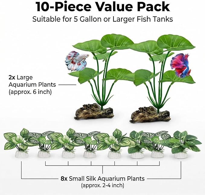 10 Pack Silk Aquarium Plants for Betta Fish Tank Decorations - Soft Fin-Safe Fish Tank Plants with Weighted Bases, Ideal Aquarium Decor for 5-40 Gallon Betta, Goldfish & Turtle Tanks Accessories