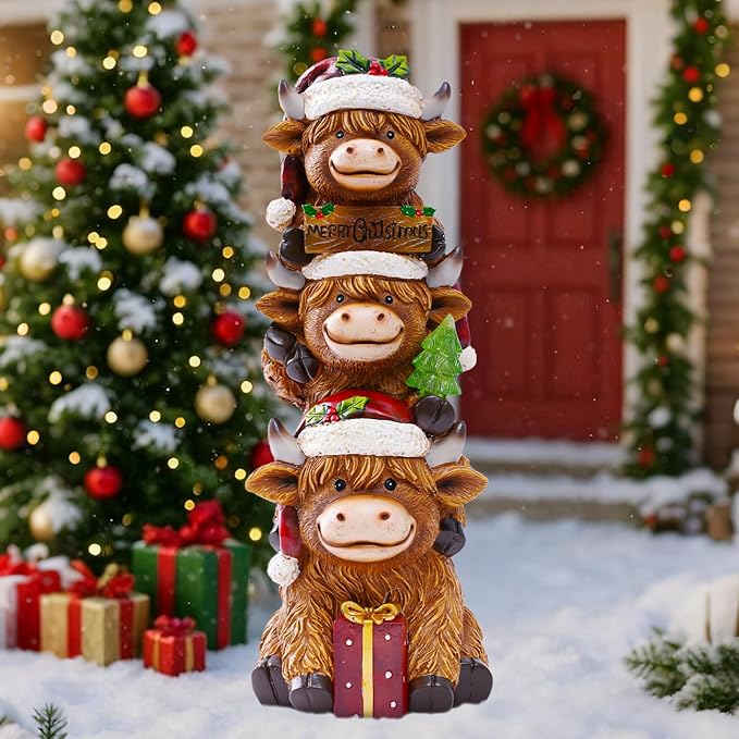 twinbling Christmas Highland Cow Decor with Solar Light Triple Highland Cow Christmas Decorations Gifts for Women Mom Funny Highland Cows Garden Statues for Garden Patio Lawn Yard Decor