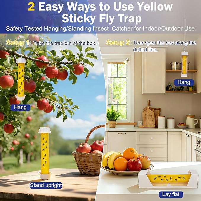 Sticky Fly Traps Indoors & Outdoor 4pk, Fly Stick Catcher Strips for Gnats, House Flying Insect, Super Sticky Hanging Fly Trap Paper Tape Indoor Outdoor