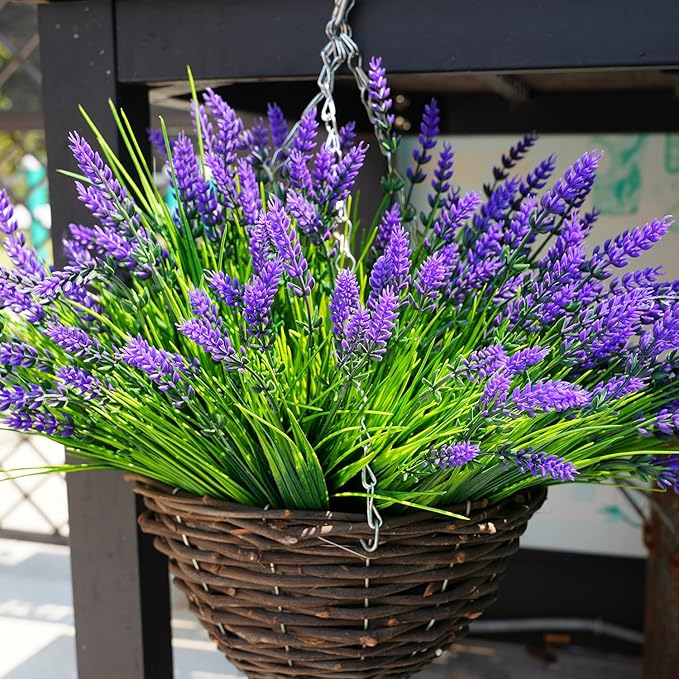 20 Bundles Artificial Plants Outdoor, UV Resistant Fake Flowers， Realistic Faux Lavender Shrubs for Porch Garden Window Box Home Decoration (Purple)