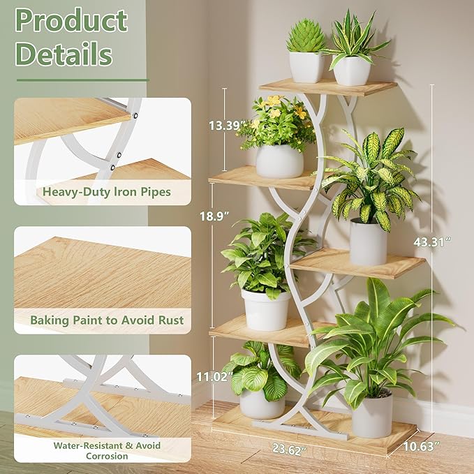 Plant Stand Indoor with Grow Lights - 44" Tall Corner Plant Stands for Indoor Plants, 5 Tiered Metal Plant Shelf, Curved Plant Flower Holder Dispaly Rack for Living Room, Home Patio Balcony (White)