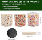 3Pcs Floral Ceramic Planters with Drainage Holes & Saucers, Modern Indoor/Outdoor Pots for Succulent, Cactus, Snake Plant, Home & Garden Decor
