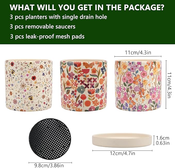 3Pcs Floral Ceramic Planters with Drainage Holes & Saucers, Modern Indoor/Outdoor Pots for Succulent, Cactus, Snake Plant, Home & Garden Decor