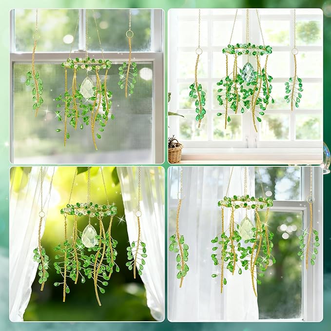 3 Pack Crystal Suncatchers for Window Boho Decor— Pink Plant Inspired Hanging Wind Chimes with Chain Rainbow Prism Indoor Outdoor Home Decor & Plant Lover Gift ﻿