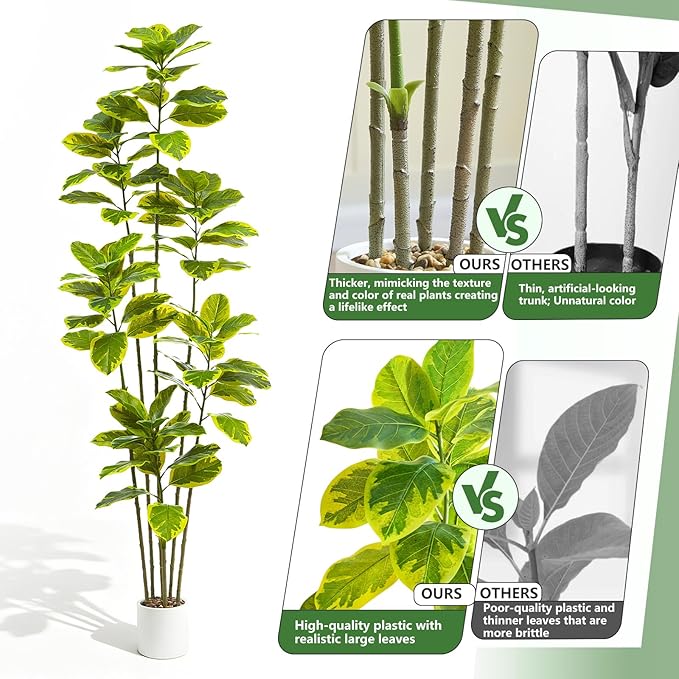 Ficus Tree Artificial Plants Indoor, 7FT Tall Fake Trees in White Pot, Large Potted Silk Floor Plant Artificial Trees, Green Lifelike Faux Ficus Tree for Home Room Office Porch Decor-Yellow