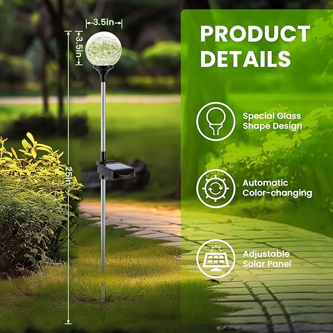 GIGALUMI Solar Garden Lights 6 Pack, Solar Lights Outdoor Decorative Waterproof, Outdoor Solar Lights for Yard Decorations, Multi-Colored Changing Garden Globe Cracked Glass Ball with LED Lights