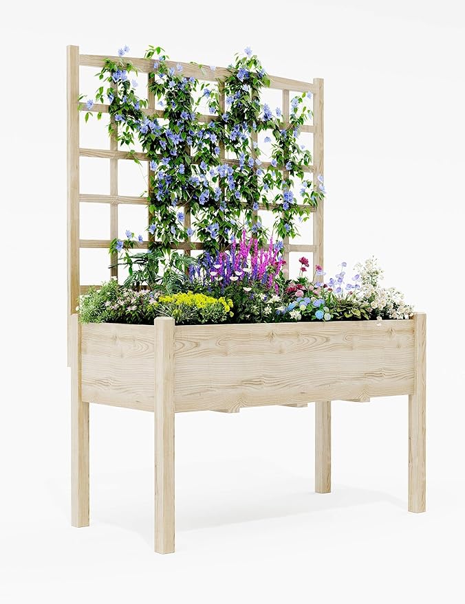 Garvee Wooden Raised Garden Bed with Trellis, 46.46x23.23x65.35IN Elevated Planter Box with Legs for Climbing Plants, Vegetables & Flowers