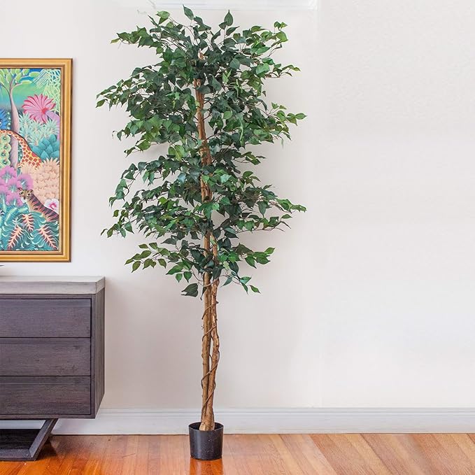 Nearly Natural 7ft Triple Trunk Artificial Ficus Tree with Natural Wood Trunks, Fake Tree For Indoor Home Decor, Faux Ficus Tree with Black Nursery Pot