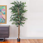 Nearly Natural 7ft Triple Trunk Artificial Ficus Tree with Natural Wood Trunks, Fake Tree For Indoor Home Decor, Faux Ficus Tree with Black Nursery Pot