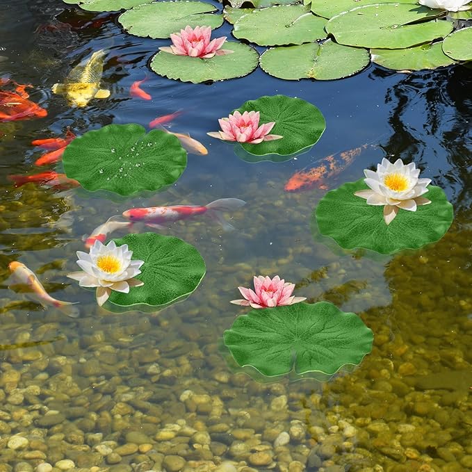Abeillo 6Pcs Fake Lily Pads, 3 Sizes Floating Artificial Lily Pads Decorations, Realistic Pond Plants Decor for Pool Patio Aquarium Fountain