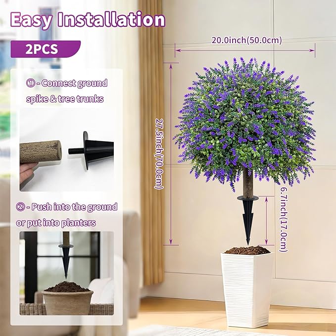 Set of 2 Artificial Lavender Boxwood Topiary Ball Trees with Ground Spike, 27.5" UV Resistant Faux Evergreen Shrubs, Purple Green Fake Bushes for Indoor Outdoor Front Porch Garden Patio Yard Decor
