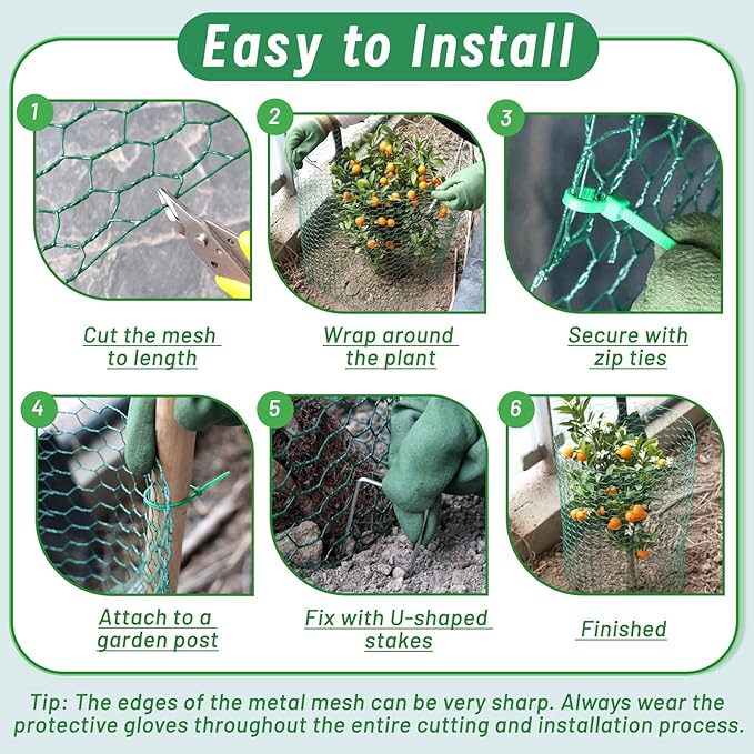 Plant Protectors from Animals, 16.4 x 16In Green PVC Coated Galvanized Chicken Wire Mesh Roll, 0.8mm Free-Cut Plant Cage with Ties, Stakes, Gloves, Pliers & Floral Wire (16.4Ft*20In)