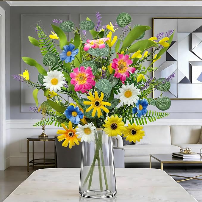 4 Bundles Artificial Daisy Flowers Bouquet Fake Wildflowers Silk Spring Floral Stems Arrangements for Home Indoor Living Room Kitchen Table Vase Wedding Party Decor