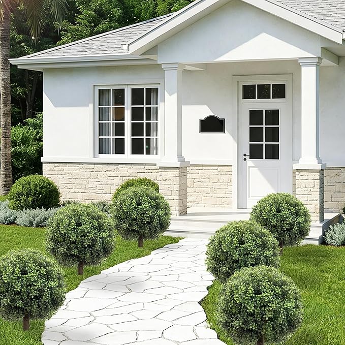 Artificial Boxwood Topiary Ball Tree Set of 2, 25.2" UV Resistant Artificial Outdoor Shrubs with Ground Spike, Decorative Evergreen Fake Topiary Bushes Plant for Front Porch Garden Decor