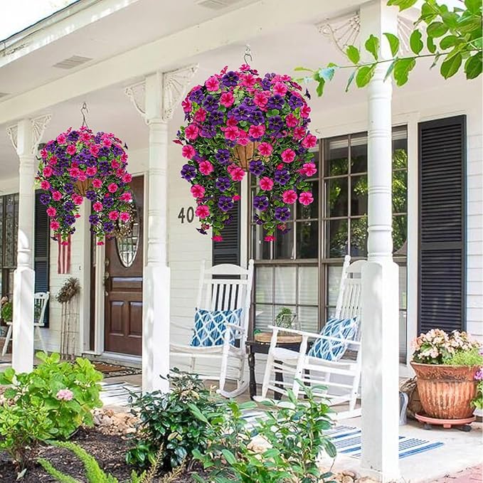 Artificial Geranium Hanging Flowers for Outdoor Decoration, 2 Bundles UV Resistant Silk Geranium Fake Plants Faux Flowers for Front Porch Garden Patio Window Box Decor (Purple, Purple red)