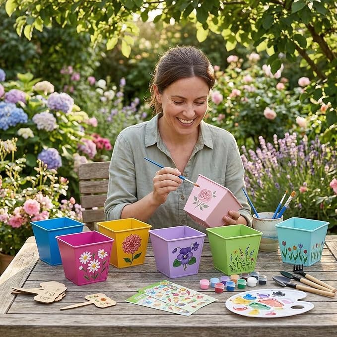 6 Pack Paint and Flower Plant Gardening Kit Stainless Steel Pots Colorful Metal Iron Flower Pots Acrylic Paint Gardening Tools Brushes Stickers for DIY Garden Painting Crafts