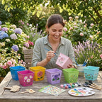 6 Pack Paint and Flower Plant Gardening Kit Stainless Steel Pots Colorful Metal Iron Flower Pots Acrylic Paint Gardening Tools Brushes Stickers for DIY Garden Painting Crafts