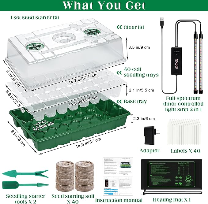 Hahood Seed Starter Kit 40-Cell Seed Starter Tray with Grow Lights Full Spectrum Seedling Heat Mat 40 Peat Pellets Seeds Starting Soil Plant Labels Garden Tools for Germination Seeds Growing, Green