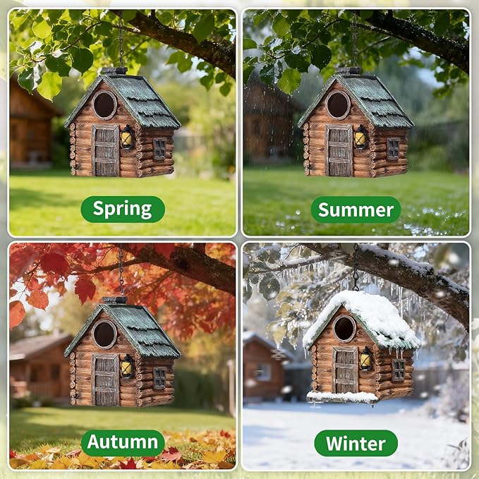 Bird Houses for Outside Real Wood-Look Resin Bird House with Hanging Chain – Waterproof & Durable Forest Birdhouses for Outdoors for Bluebird Finches Cardinals Bird Nesting Garden, Patio, Yard