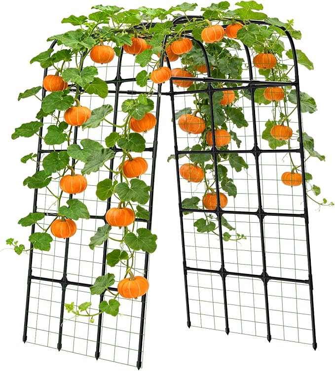 Garden Trellis Arch 7FT PP-Coated Stainless Steel Metal Extra Tall Cucumber Trellis Arch Garden Arch Trellis for Climbing Plants Outdoor Vegetable Trellis with Trellis Netting