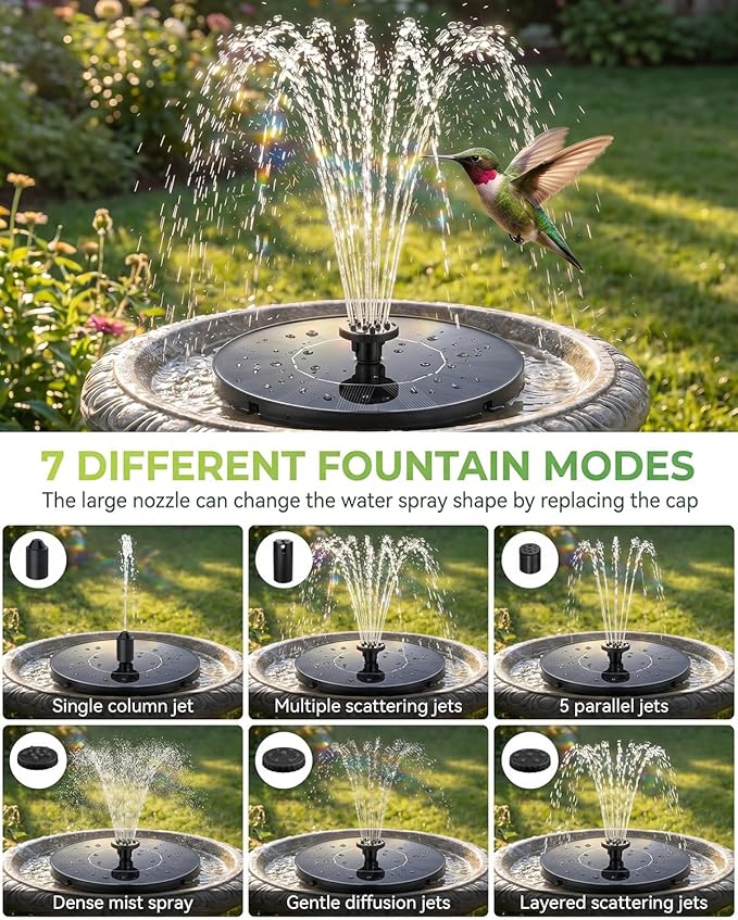 Solar Fountain for Bird Bath, 2026 Upgrade Solar Bird Bath Water Fountain with 7 Nozzle, 4 Fixed Pipe, Outdoor Standing Floating 1.4W Solar Powered Water Fountain for Garden, Pond, Pool, Tank (6.3 in)