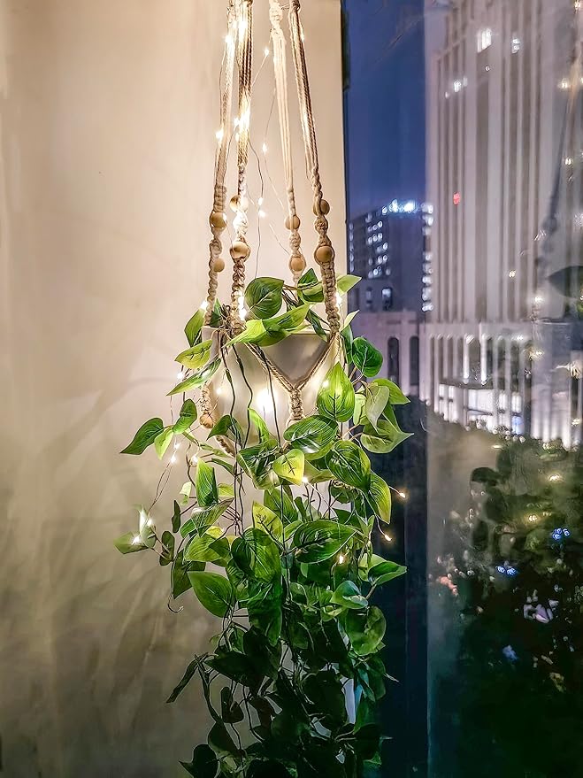 Comtelek Hanging Planter with Lights Indoor Macrame Plant Hanger Basket with Wood Beads Flower Pot Holder No Tassels for Boho Home Window Decor 35 Inch, Ivory (POTS NOT Included)