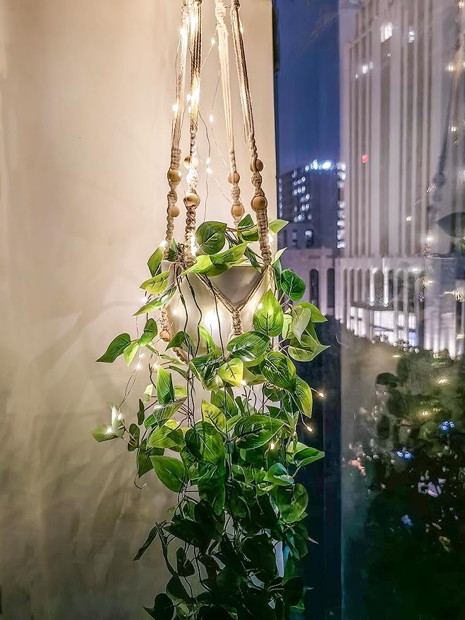 Comtelek 2 Pack Hanging Planter with Lights Indoor Macrame Plant Hanger Basket with Wood Beads Flower Pot Holder No Tassels for Boho Home Window Decor 35 Inch, Ivory (POTS NOT Included)